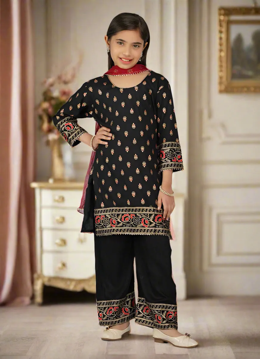 Kids Black Rayon Printed Red Dupatta Suit Set