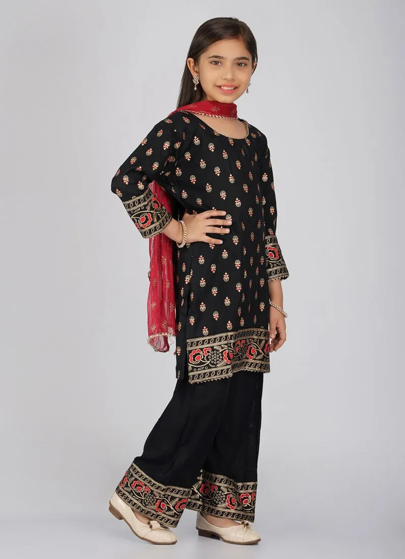 Kids Black Rayon Printed Red Dupatta Suit Set
