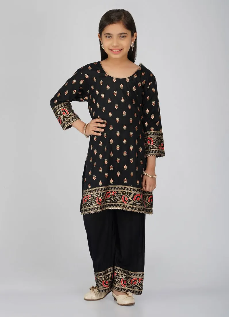 Kids Black Rayon Printed Red Dupatta Suit Set