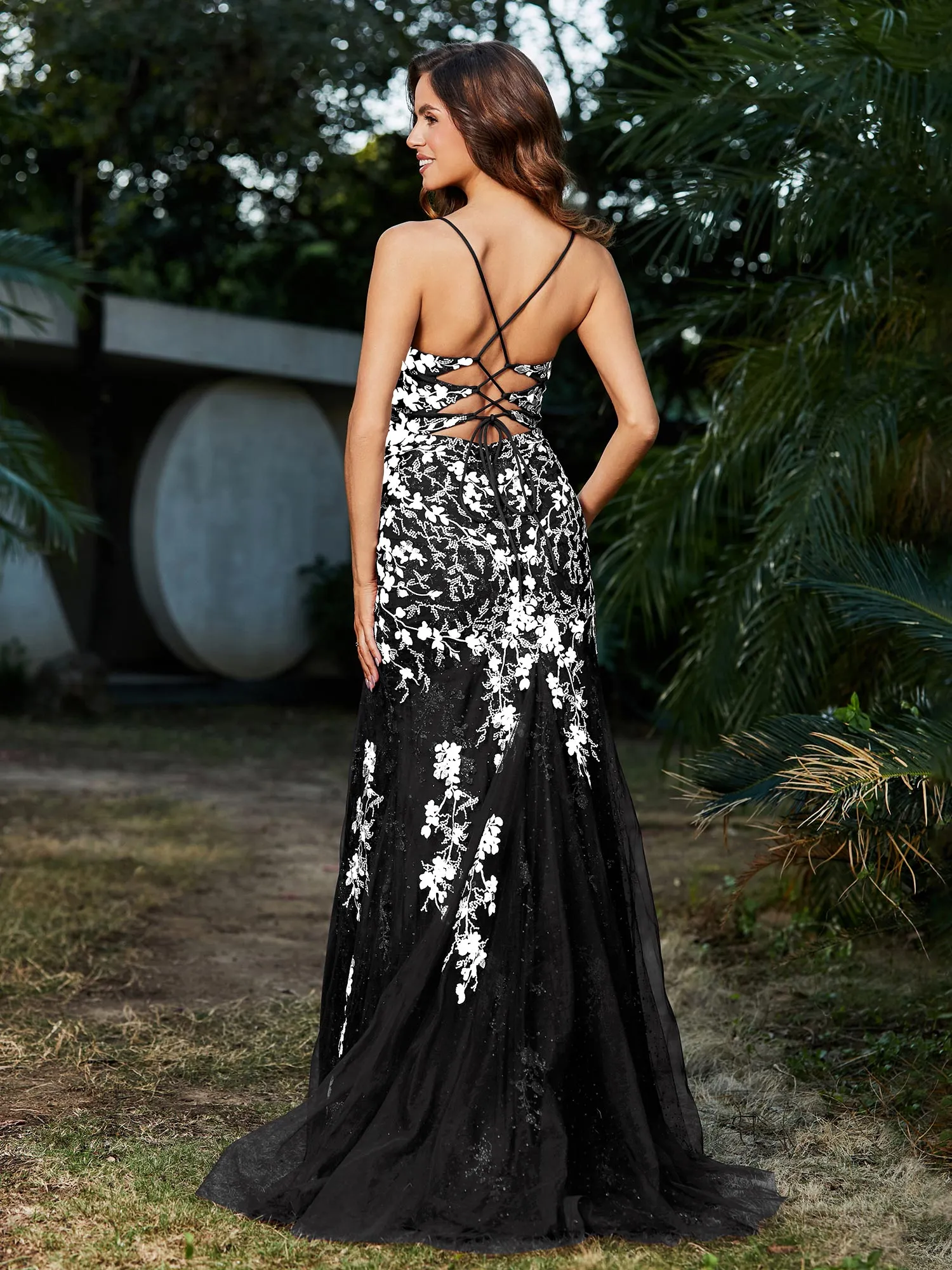 Lace Applique High Slit Fitted Tulle Dress Black