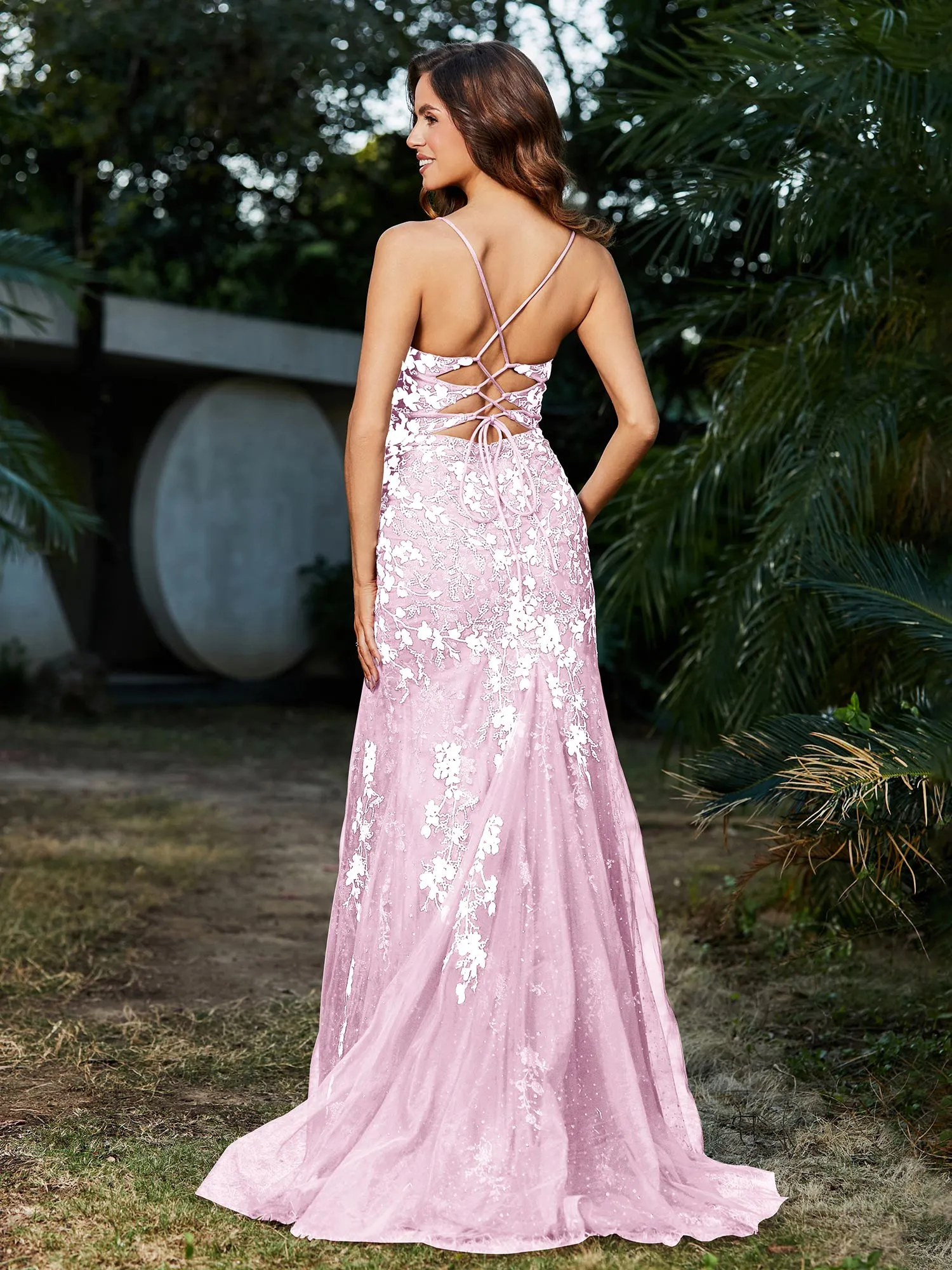 Lace Applique High Slit Fitted Tulle Dress Blushing Pink
