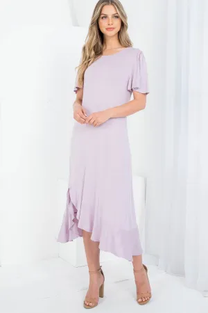 LAVENDER ROUND NECKLINE RUFFLE SLEEVE ASYMETRIC DRESS