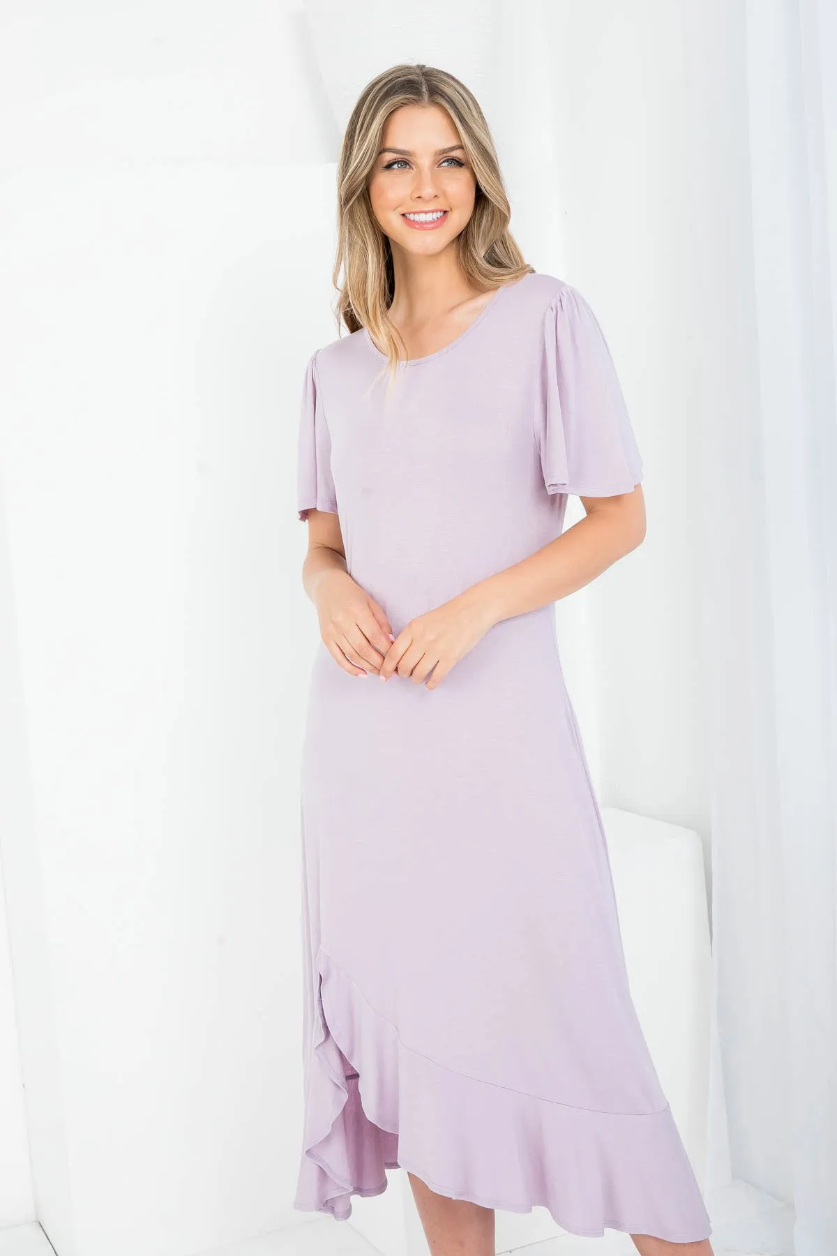 LAVENDER ROUND NECKLINE RUFFLE SLEEVE ASYMETRIC DRESS