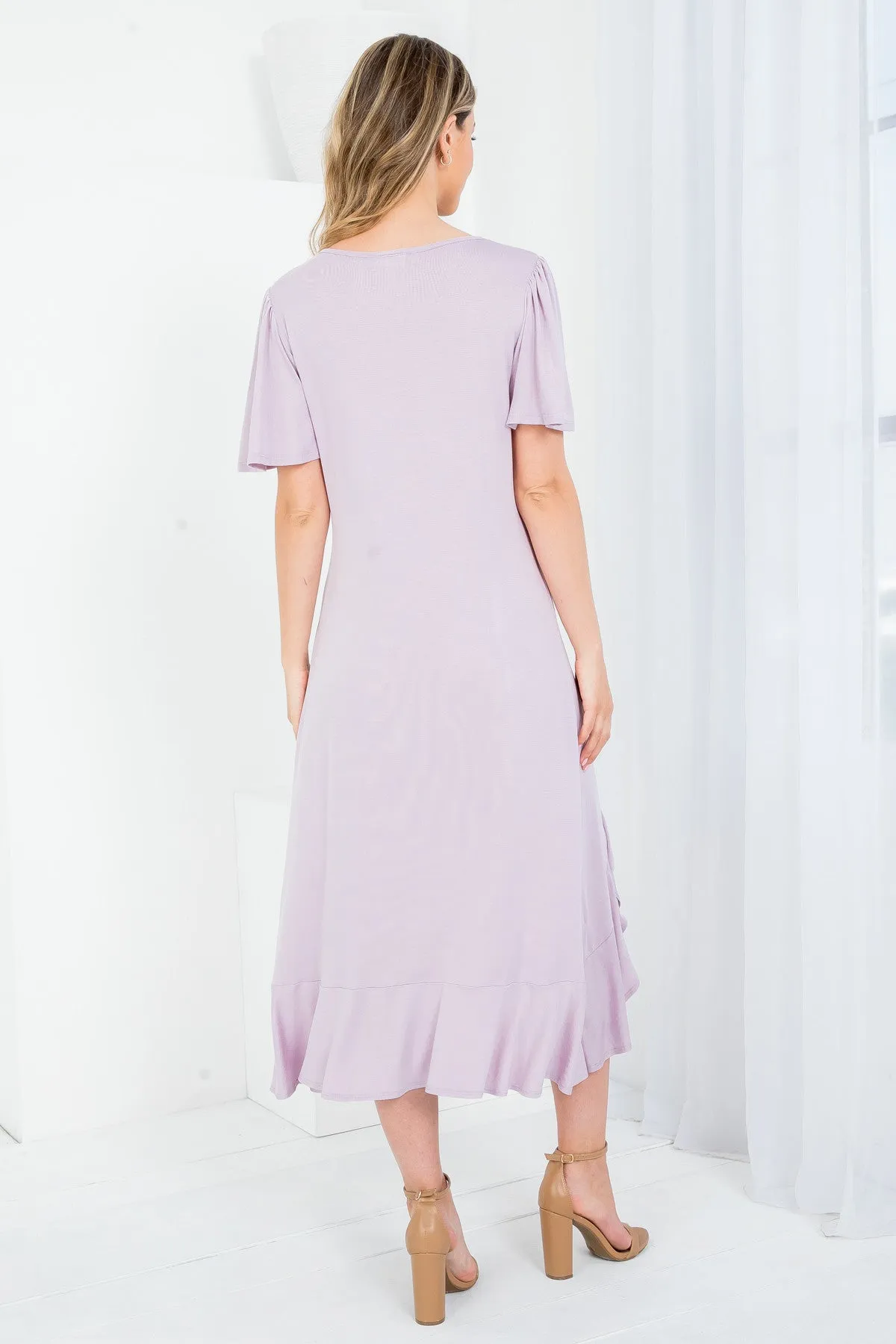 LAVENDER ROUND NECKLINE RUFFLE SLEEVE ASYMETRIC DRESS