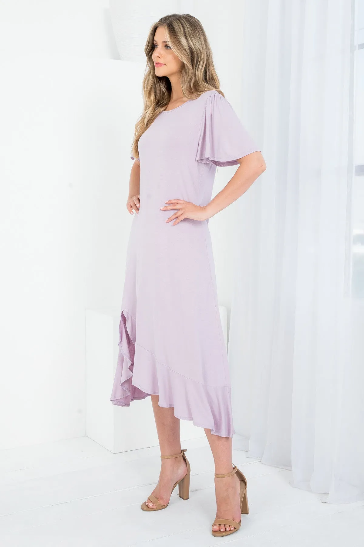 LAVENDER ROUND NECKLINE RUFFLE SLEEVE ASYMETRIC DRESS