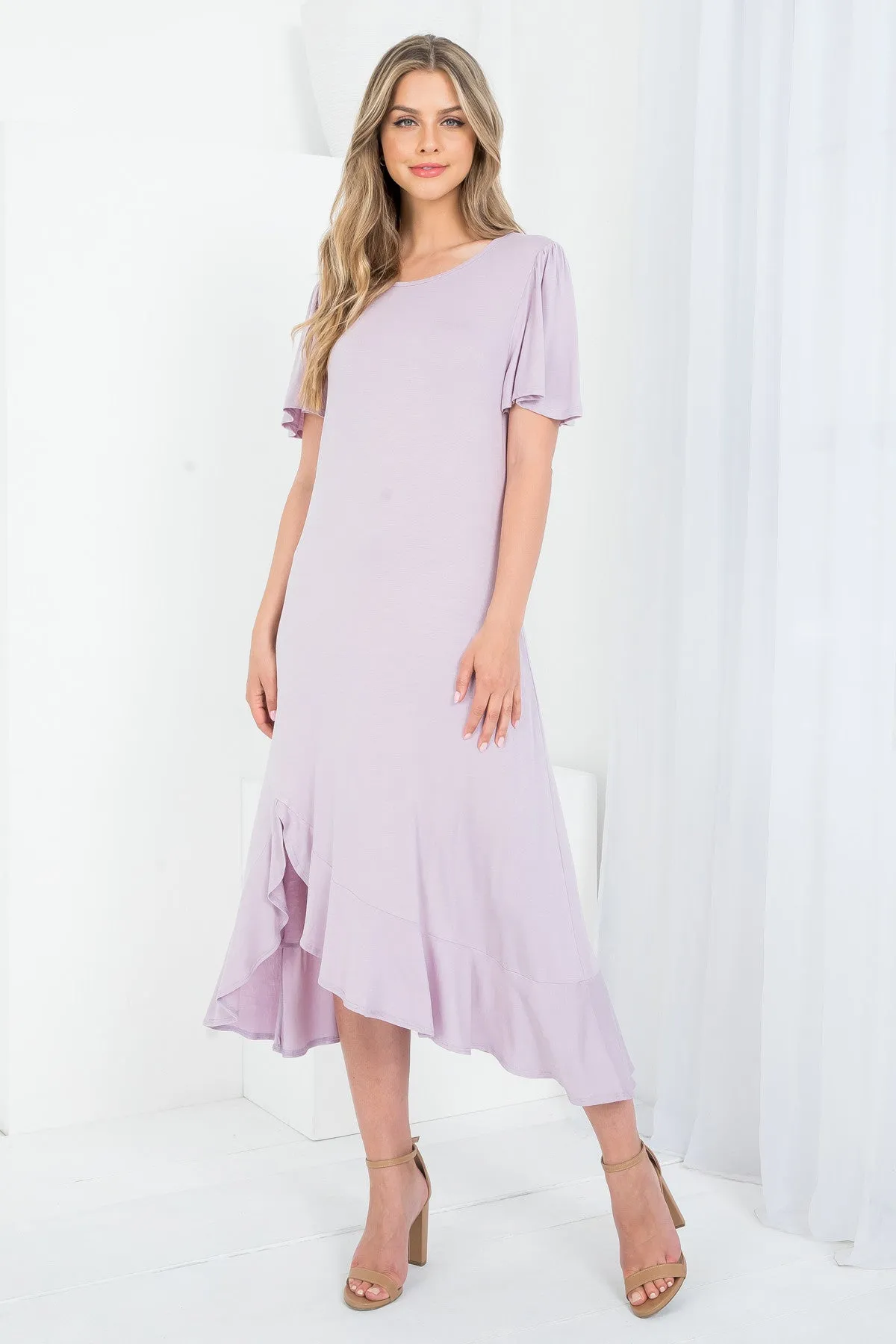 LAVENDER ROUND NECKLINE RUFFLE SLEEVE ASYMETRIC DRESS