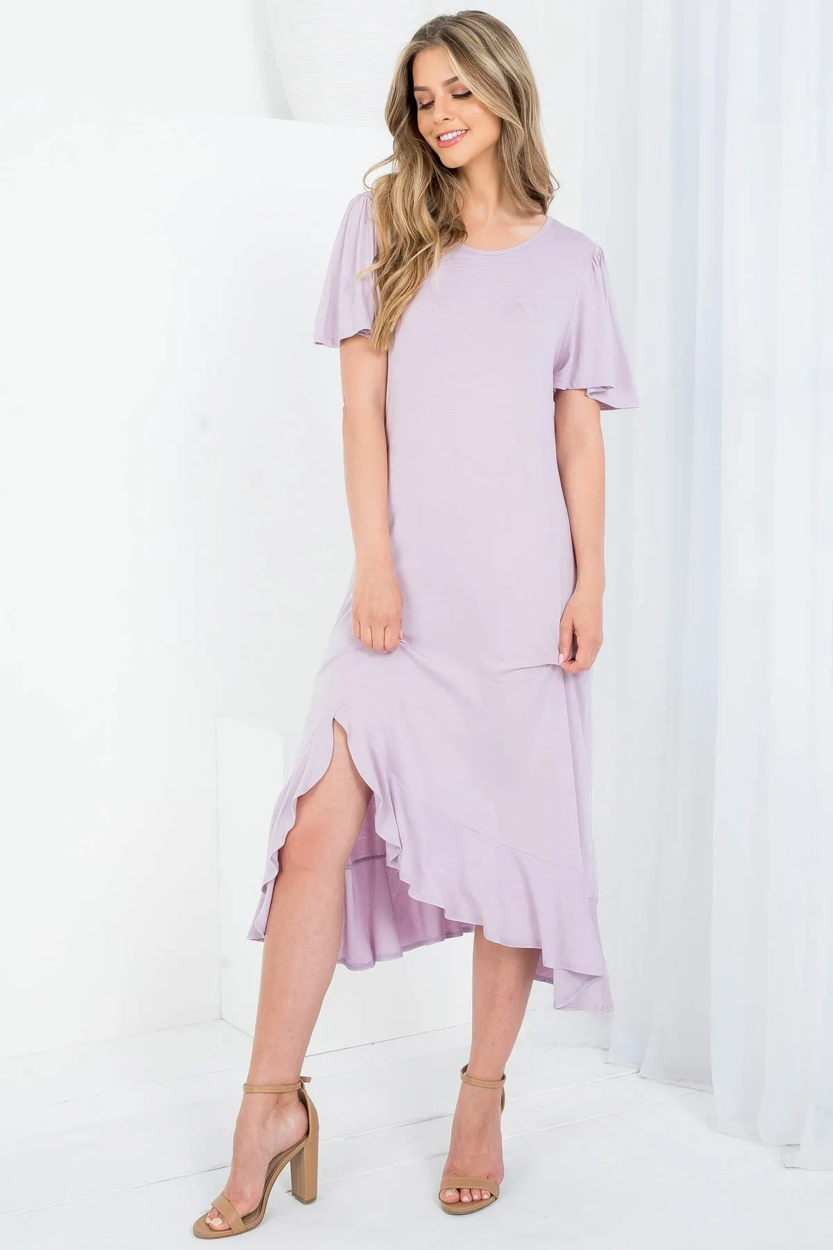 LAVENDER ROUND NECKLINE RUFFLE SLEEVE ASYMETRIC DRESS