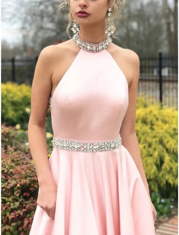 Luolandi A-Line Prom Dresses Beautiful Back Dress Wedding Guest Engagement Sweep / Brush Train Sleeveless Halter Neck Satin with Beading Evening Dress