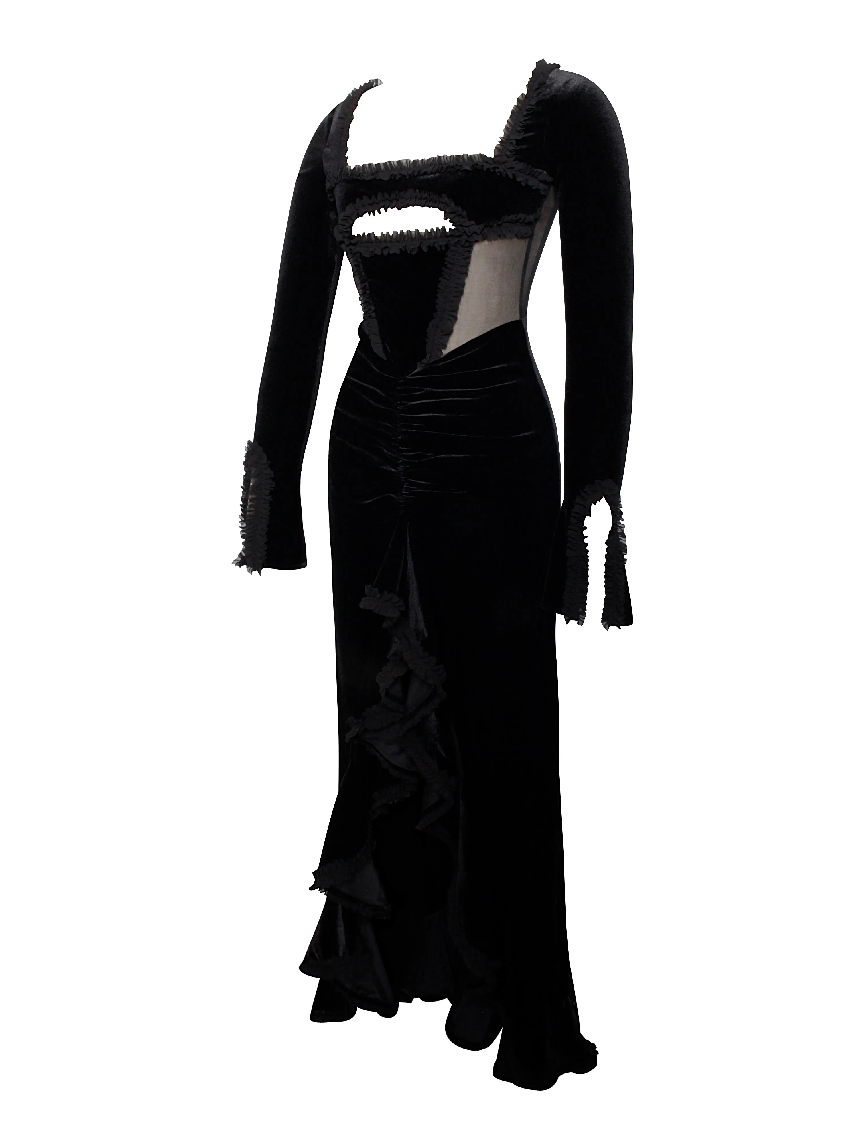 Maeve Black Velvet and Graceful Mesh Long Sleeve Maxi Dress