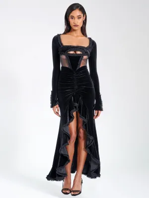 Maeve Black Velvet and Graceful Mesh Long Sleeve Maxi Dress