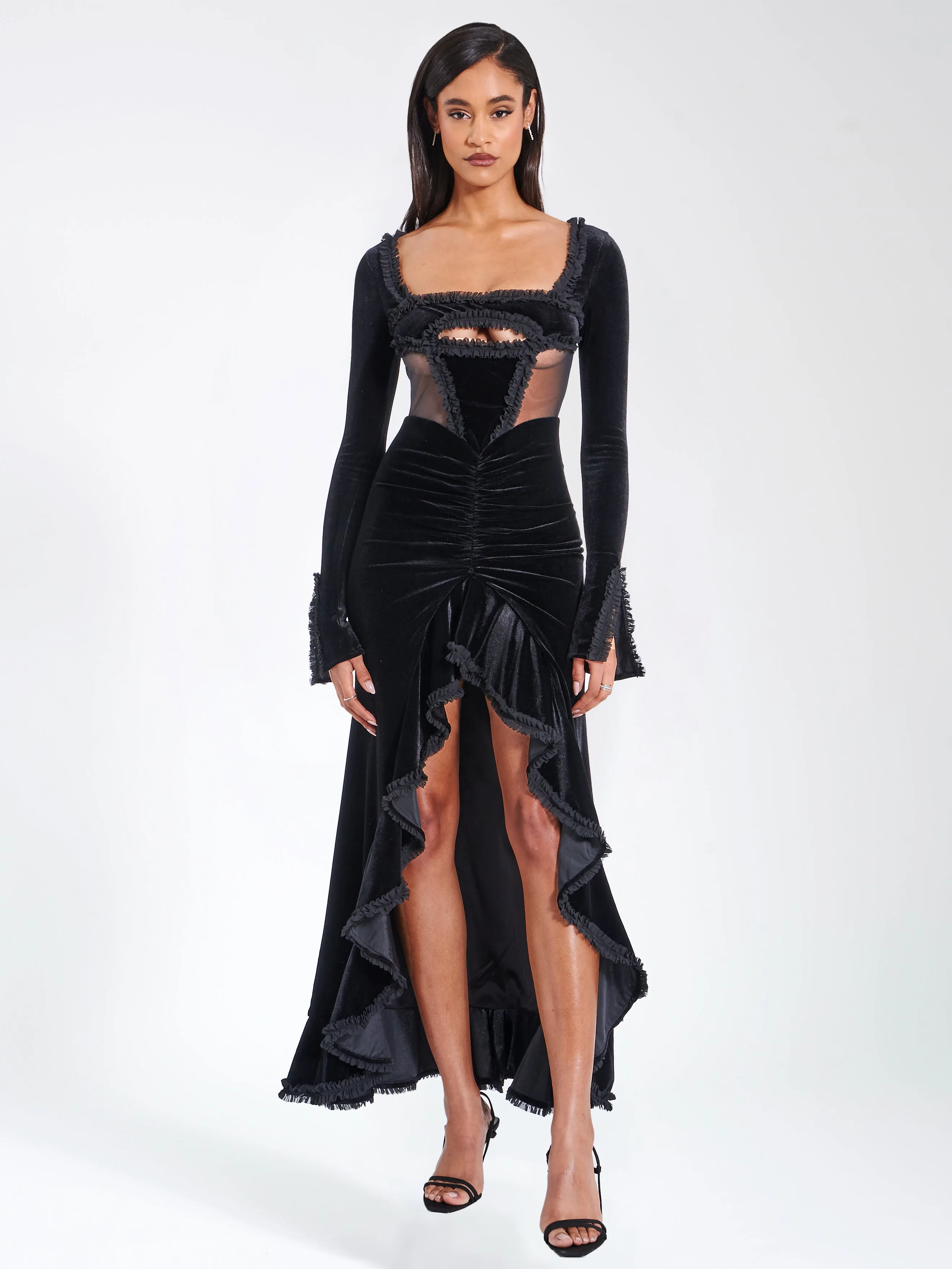 Maeve Black Velvet and Graceful Mesh Long Sleeve Maxi Dress