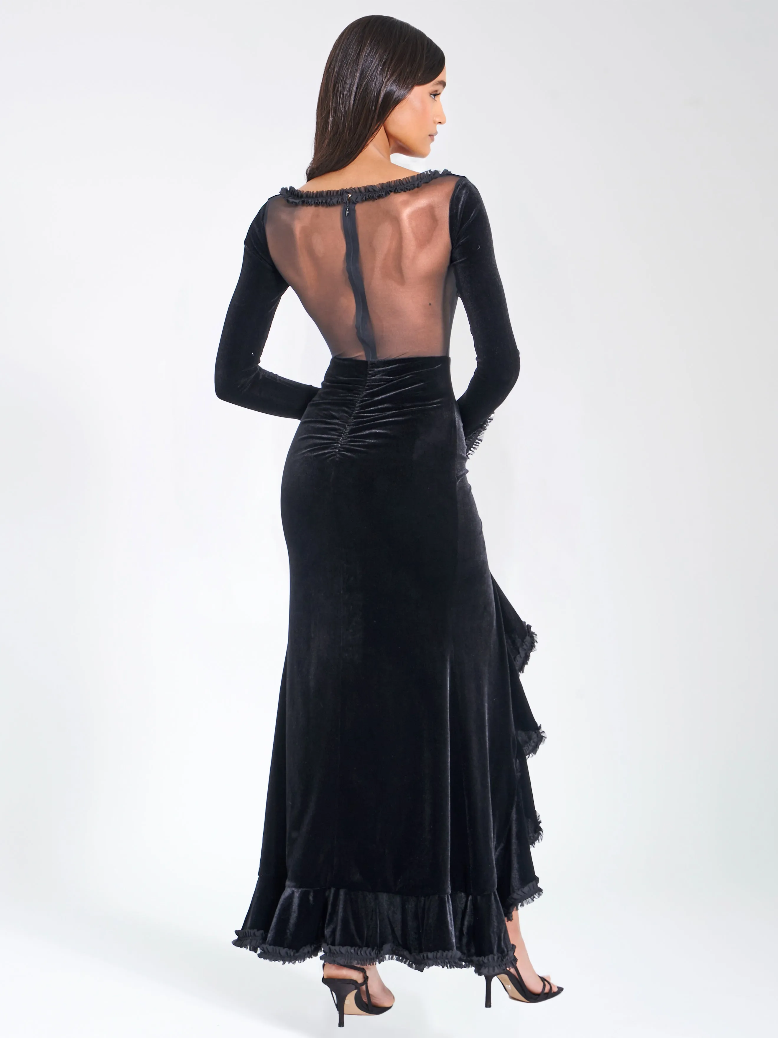 Maeve Black Velvet and Graceful Mesh Long Sleeve Maxi Dress