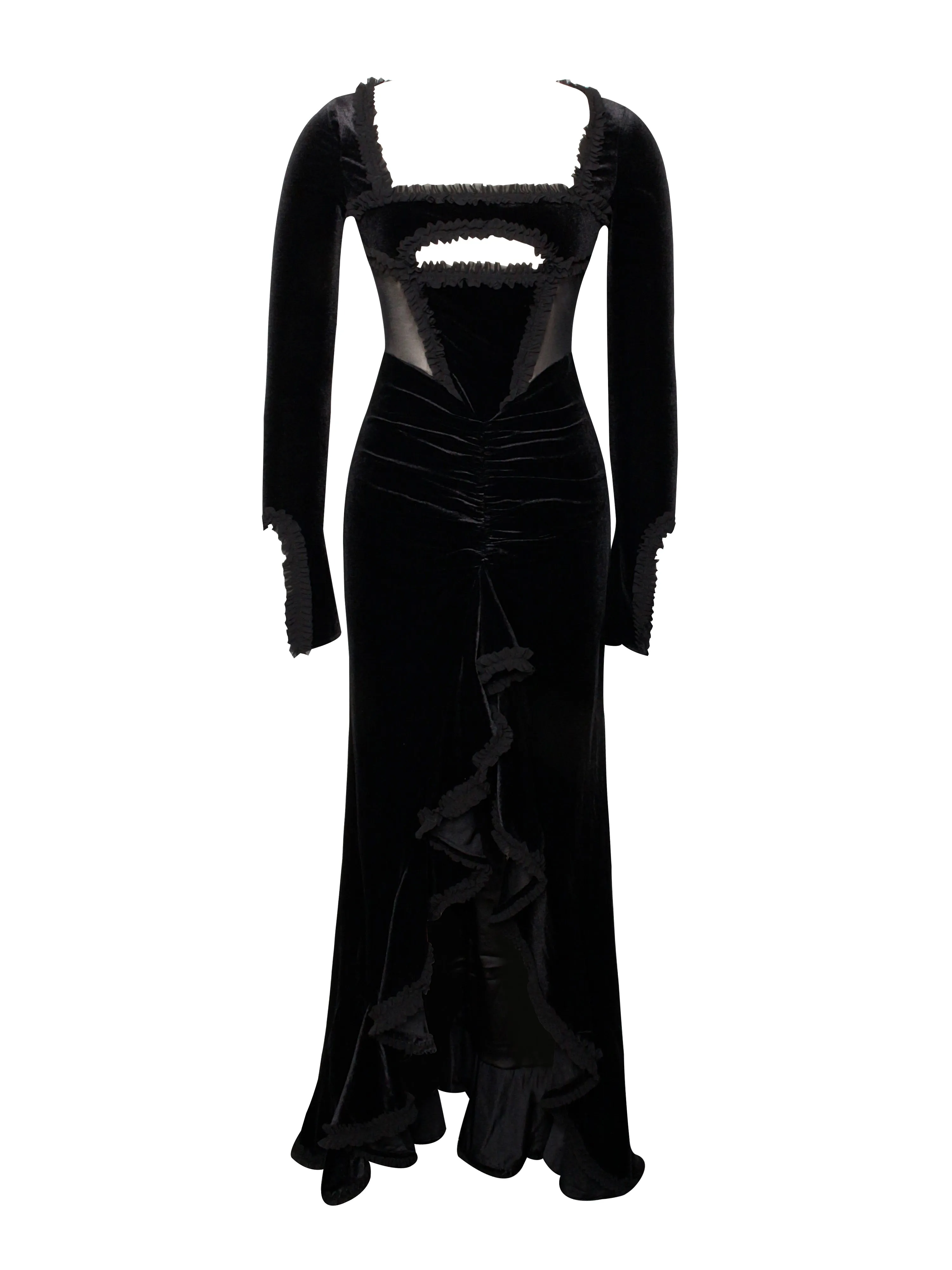 Maeve Black Velvet and Graceful Mesh Long Sleeve Maxi Dress