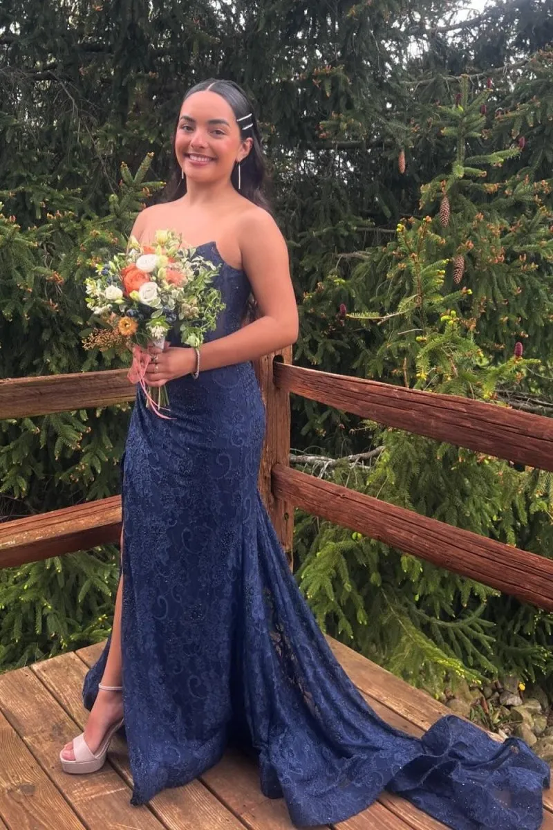 Mandy | Lavender Strapless Lace Ruched Mermaid Prom Dress with Slit