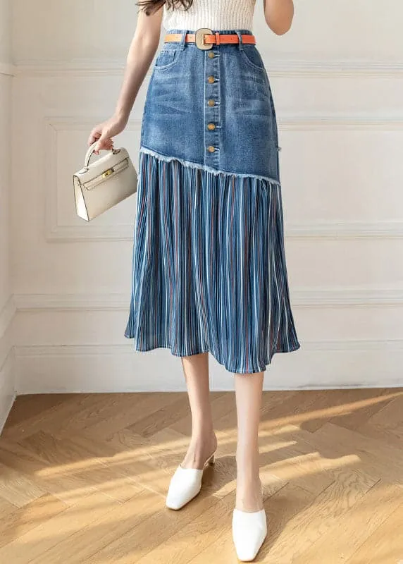 Modern Blue High Waist Sashes Asymmetrical Patchwork Cotton Denim Skirts Summer