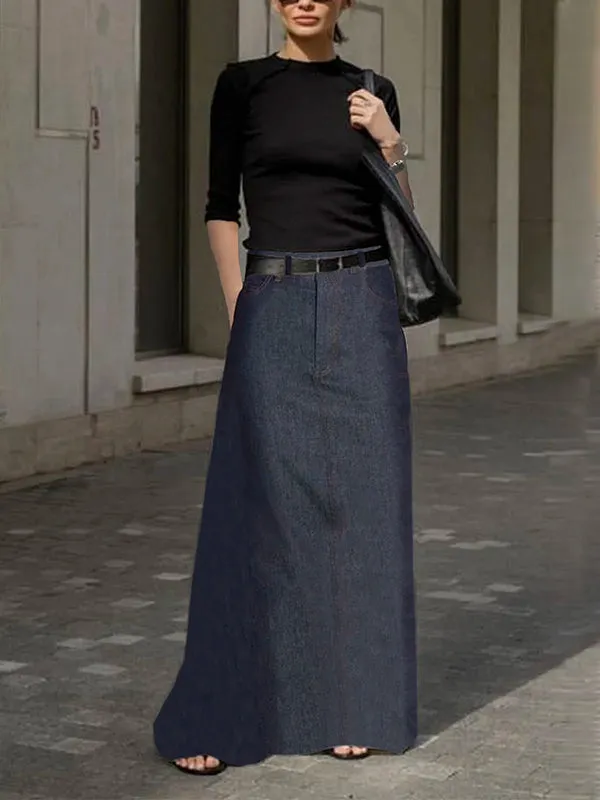 No Belt Pockets Solid Color Loose Skirts Bottoms