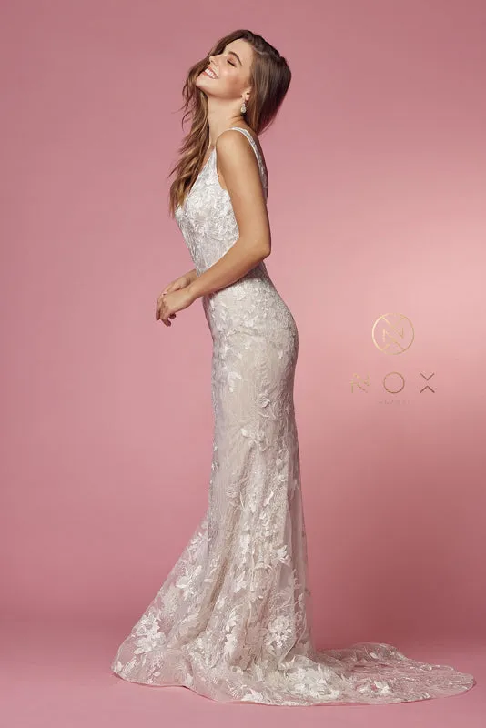 NOX ANABEL JW908 Fitted Applique Long Wedding Gown