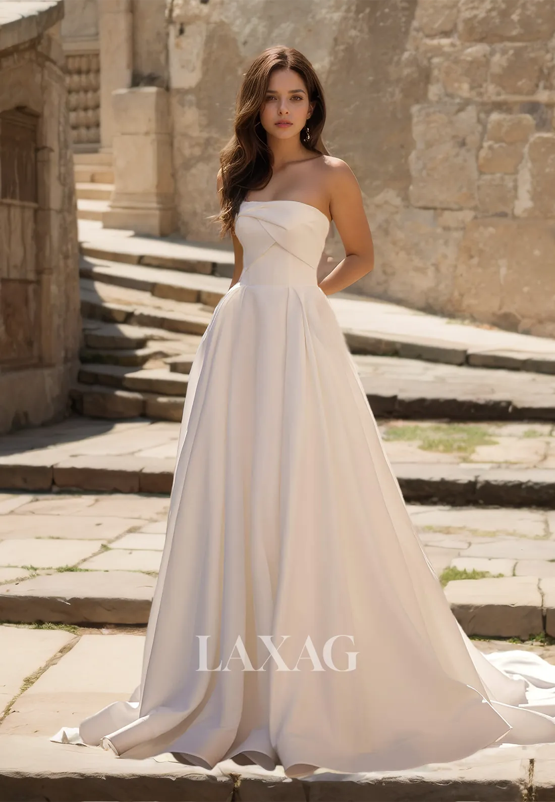 Off-Shoulder Tube Top Sleeveless A-Line Bride Gowns Pleated Satin Wedding Dress with Train
