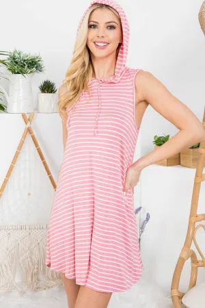 PEACH SLEEVELESS HOODED STRIPES DRESS