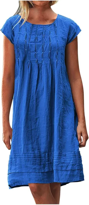 Pleated Cotton Linen Dresses for Women 2024 Knee Length Dress Plus Size Short Sleeve Shift Sundress Casual Beachwear