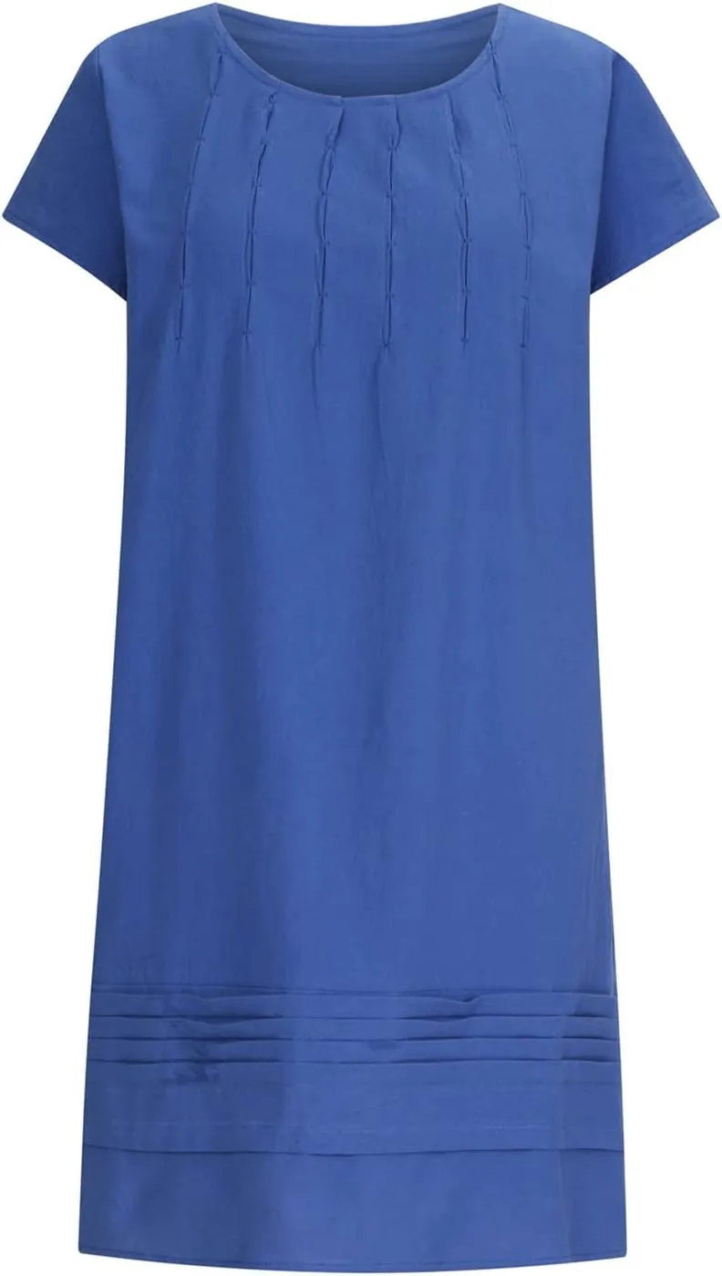 Pleated Cotton Linen Dresses for Women 2024 Knee Length Dress Plus Size Short Sleeve Shift Sundress Casual Beachwear