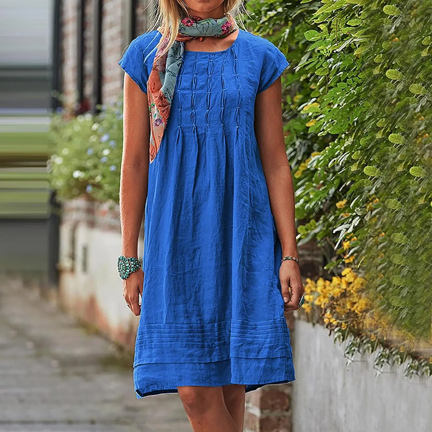 Pleated Cotton Linen Dresses for Women 2024 Knee Length Dress Plus Size Short Sleeve Shift Sundress Casual Beachwear