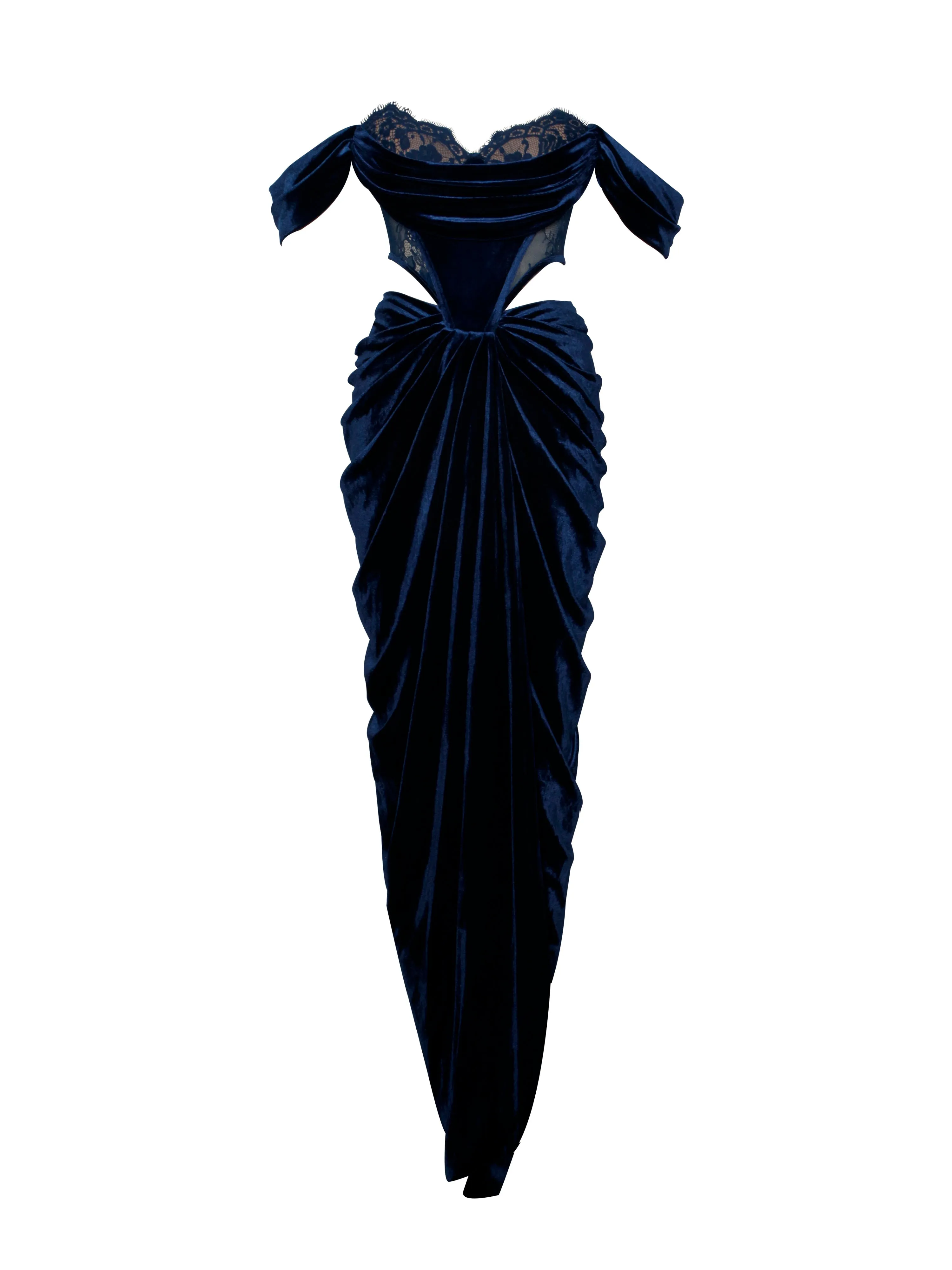 Quintessa Teal Lace Velvet Graceful Corset Off Shoulder Gown