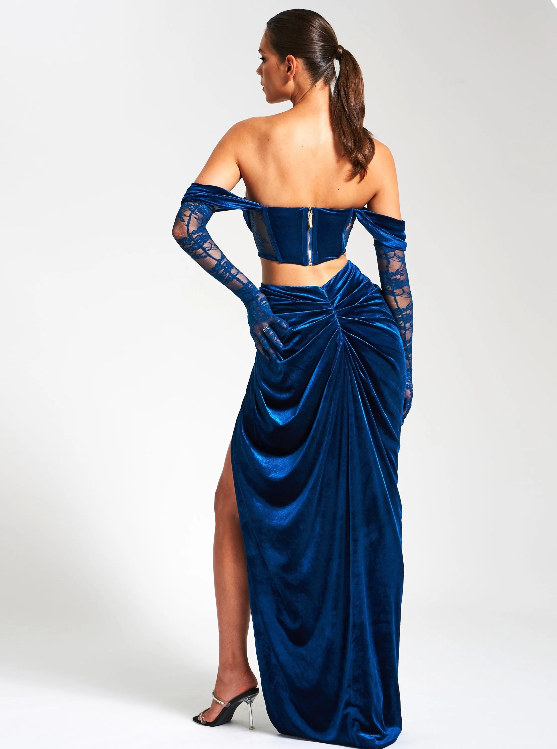 Quintessa Teal Lace Velvet Graceful Corset Off Shoulder Gown