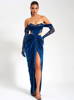 Quintessa Teal Lace Velvet Graceful Corset Off Shoulder Gown