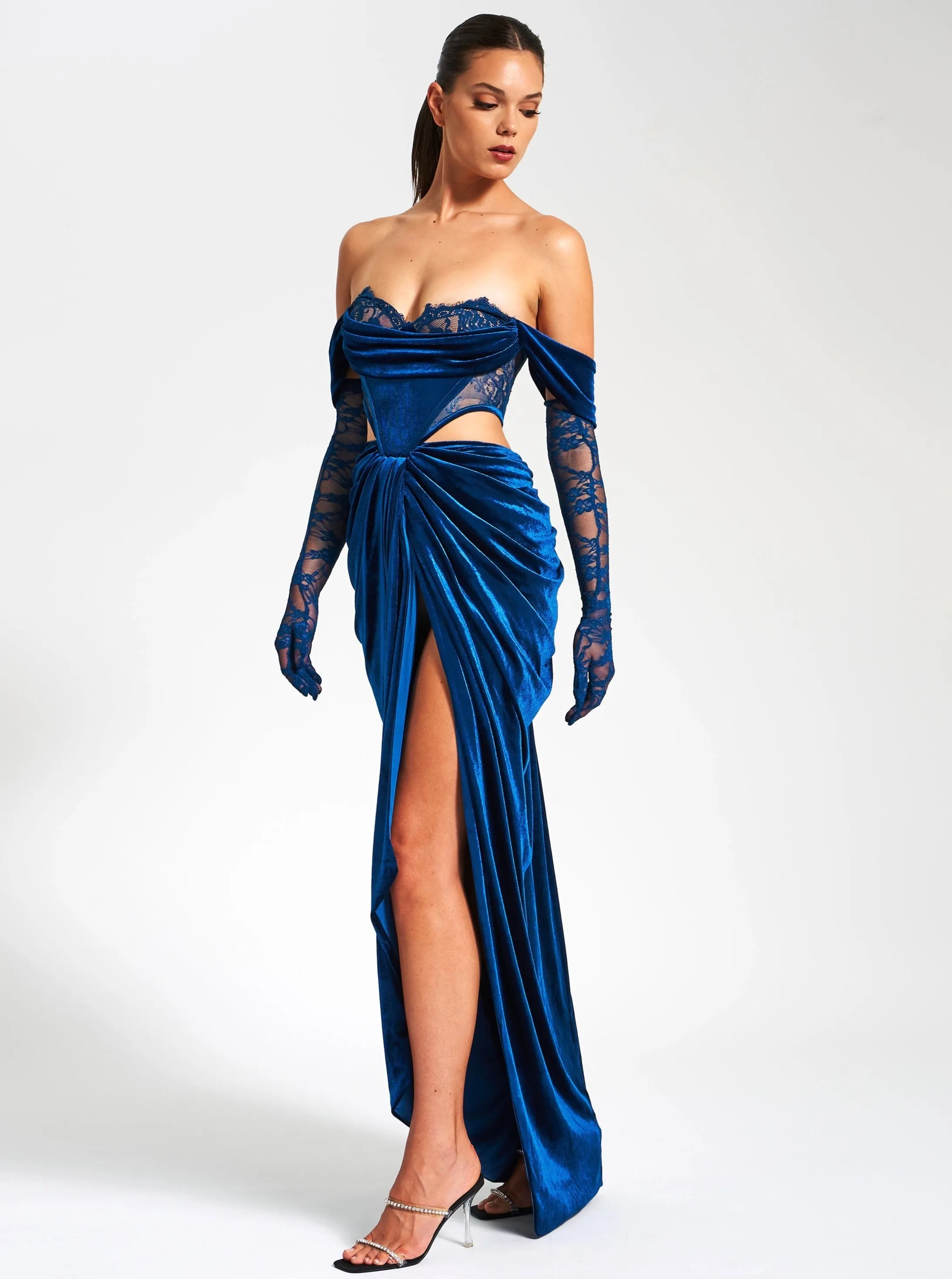 Quintessa Teal Lace Velvet Graceful Corset Off Shoulder Gown