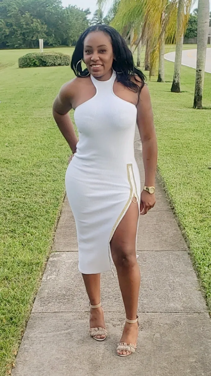 Rhinestone Zip Slit Midi Dress