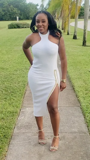 Rhinestone Zip Slit Midi Dress