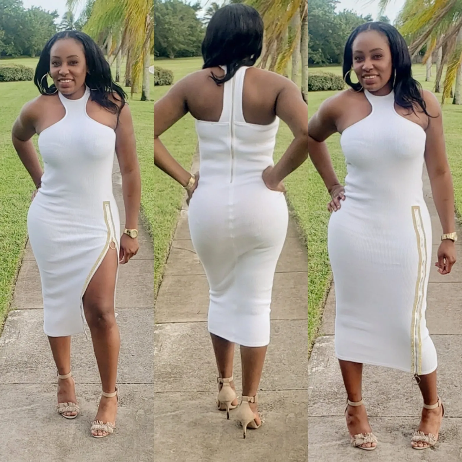 Rhinestone Zip Slit Midi Dress