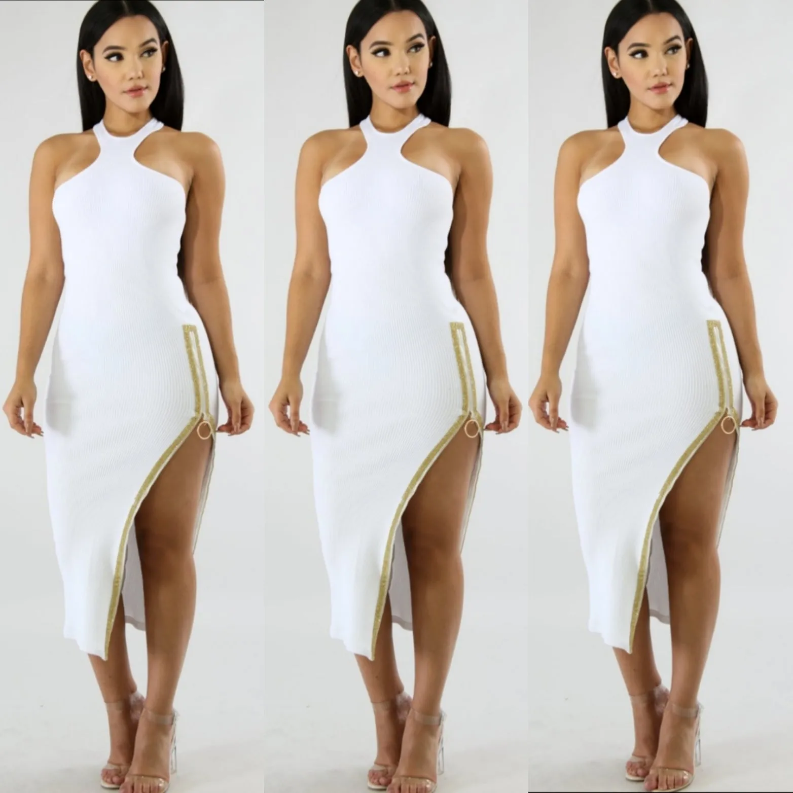 Rhinestone Zip Slit Midi Dress
