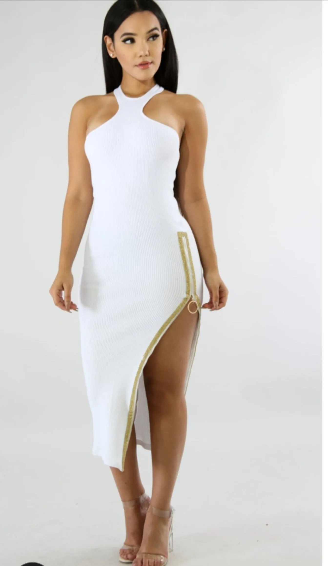 Rhinestone Zip Slit Midi Dress