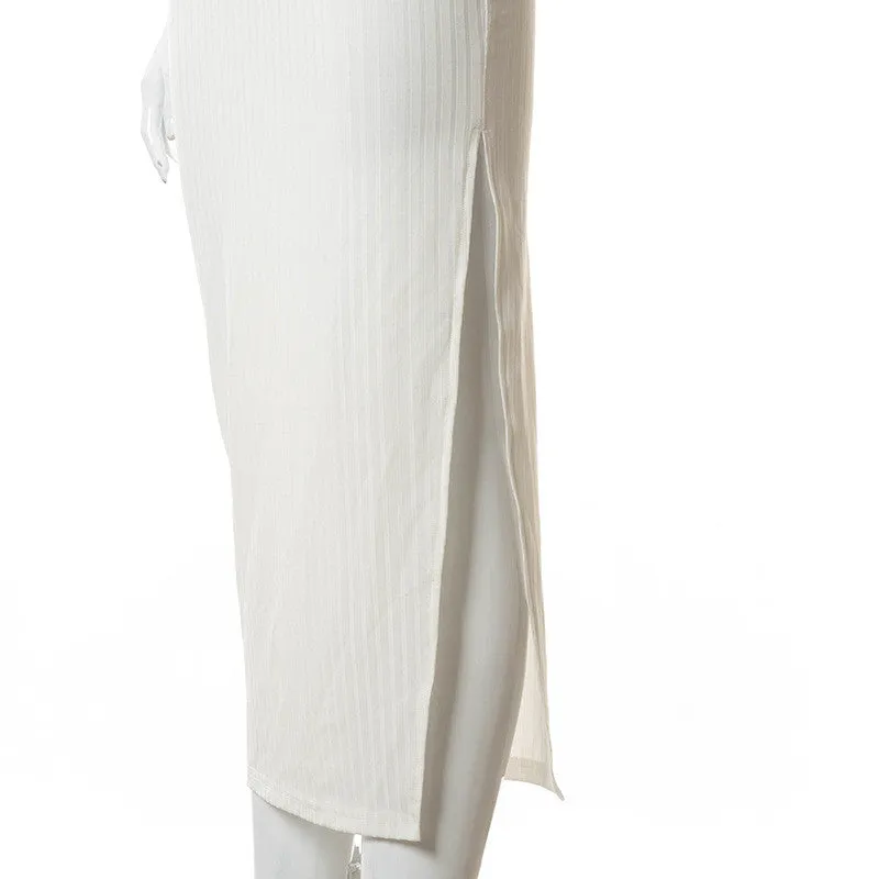 Ribbed One Shoulder High Graceful Neck Slit Midi Dress