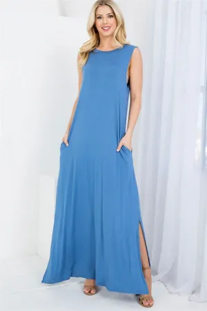 S13-5-2-AD5234 DENIM ROUND NECKLINE WITH SIDE POCKET SHEATH LONG DRESS 2-2-2