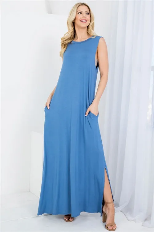 S13-5-2-AD5234 DENIM ROUND NECKLINE WITH SIDE POCKET SHEATH LONG DRESS 2-2-2