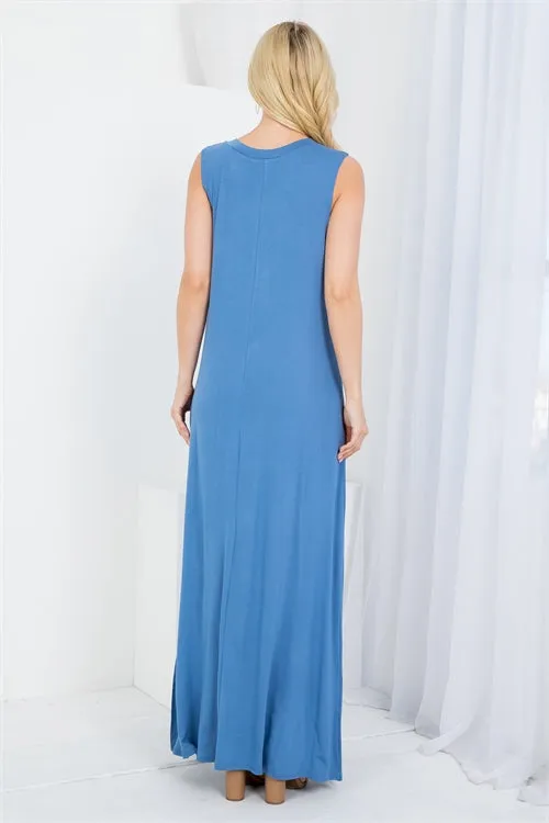 S13-5-2-AD5234 DENIM ROUND NECKLINE WITH SIDE POCKET SHEATH LONG DRESS 2-2-2