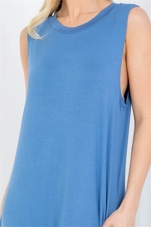 S13-5-2-AD5234 DENIM ROUND NECKLINE WITH SIDE POCKET SHEATH LONG DRESS 2-2-2