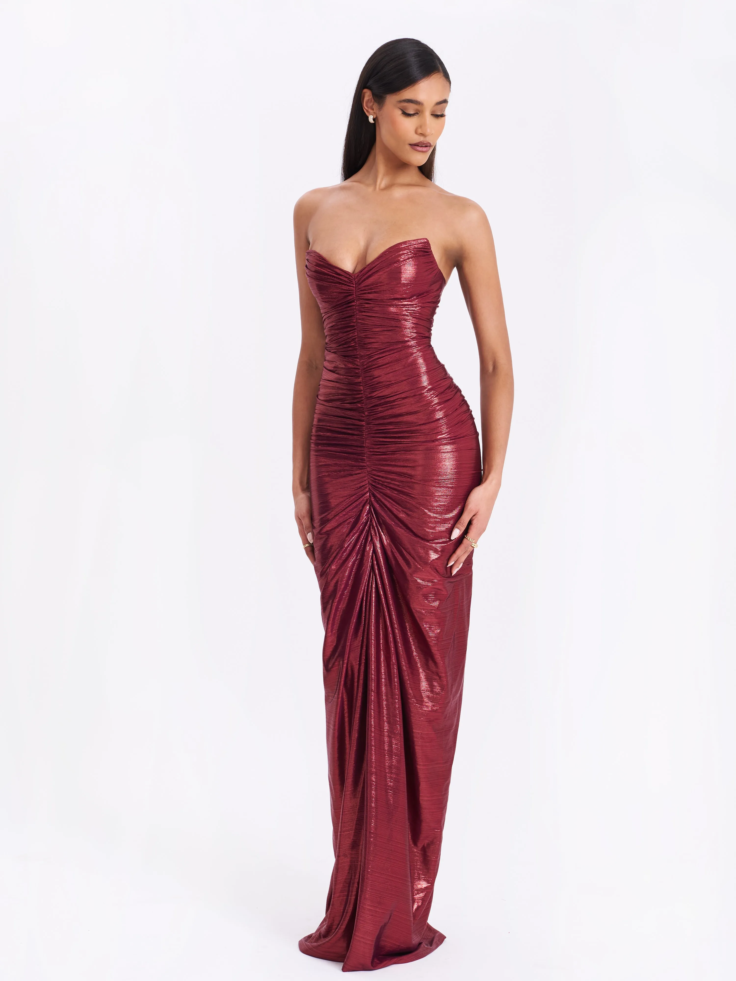 Sable Ruched Burgundy Glitter Mermaid Gown