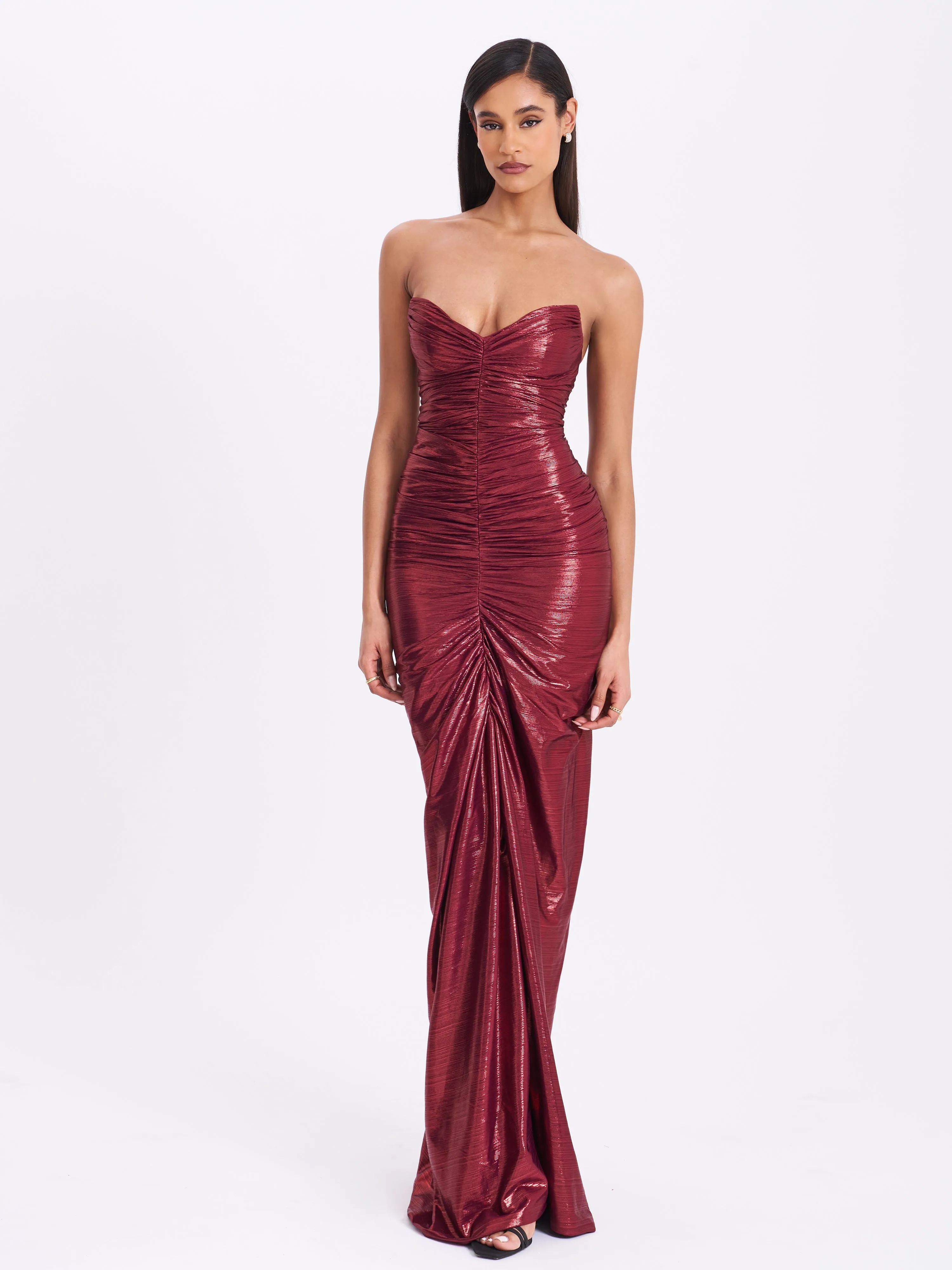 Sable Ruched Burgundy Glitter Mermaid Gown