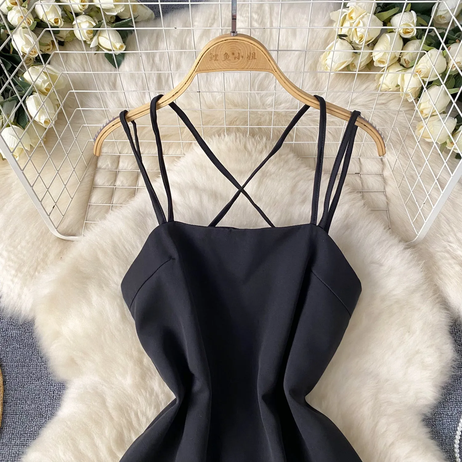 Simple Design Split Black Slip Dress