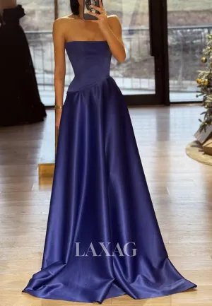 Simple Tube Top Sleeveless A-Line Prom Dress Off-Shoulder Pleated Satin Evening Gowns with Sweep Train