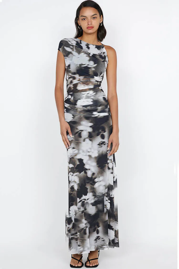 Solene Asym Dress in Dark Blurred Floral