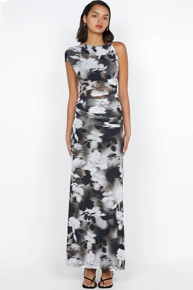 Solene Asym Dress in Dark Blurred Floral