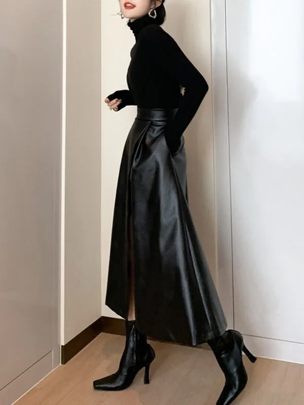 Solid Color Split-Front A-Line Loose Skirts Bottoms