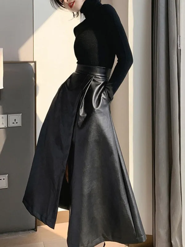 Solid Color Split-Front A-Line Loose Skirts Bottoms