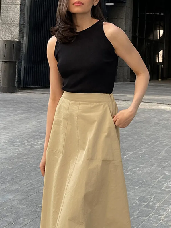 Solid Color Split-Joint A-Line High Waisted Skirts