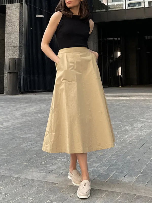 Solid Color Split-Joint A-Line High Waisted Skirts